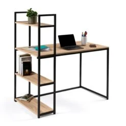 Bureau Effet Bois Et Métal Avec étagère Intégrée 11 Bureau Effet Bois Et Métal Avec étagère Intégrée -Intexoo Shop bureau bois et metal avec etagere 5