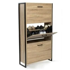 Meuble à Chaussures Effet Bois Et Métal 8 Meuble à Chaussures Effet Bois Et Métal -Intexoo Shop meuble a chaussures bois et metal 2