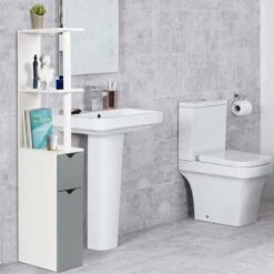 Meuble WC Effet Bois Avec 2 Portes Grises -Intexoo Shop meuble wc en bois avec 2 portes grises 3
