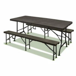 Lot Table Pliante 8 Personnes "effet Bois" + 2 Bancs 4 Pers