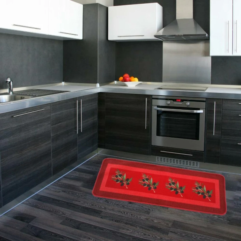 Tapis De Cuisine Rouge Antidérapant Motif Olives 3 Tapis De Cuisine Rouge Antidérapant Motif Olives - Image 3