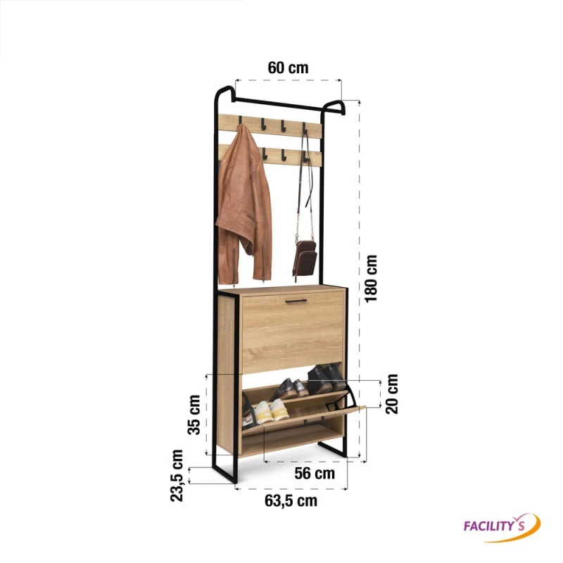 Vestiaire D'entrée Avec Porte Manteau Et Range Chaussures Effet Bois Et Métal 3 Vestiaire D'entrée Avec Porte Manteau Et Range Chaussures Effet Bois Et Métal - Image 3