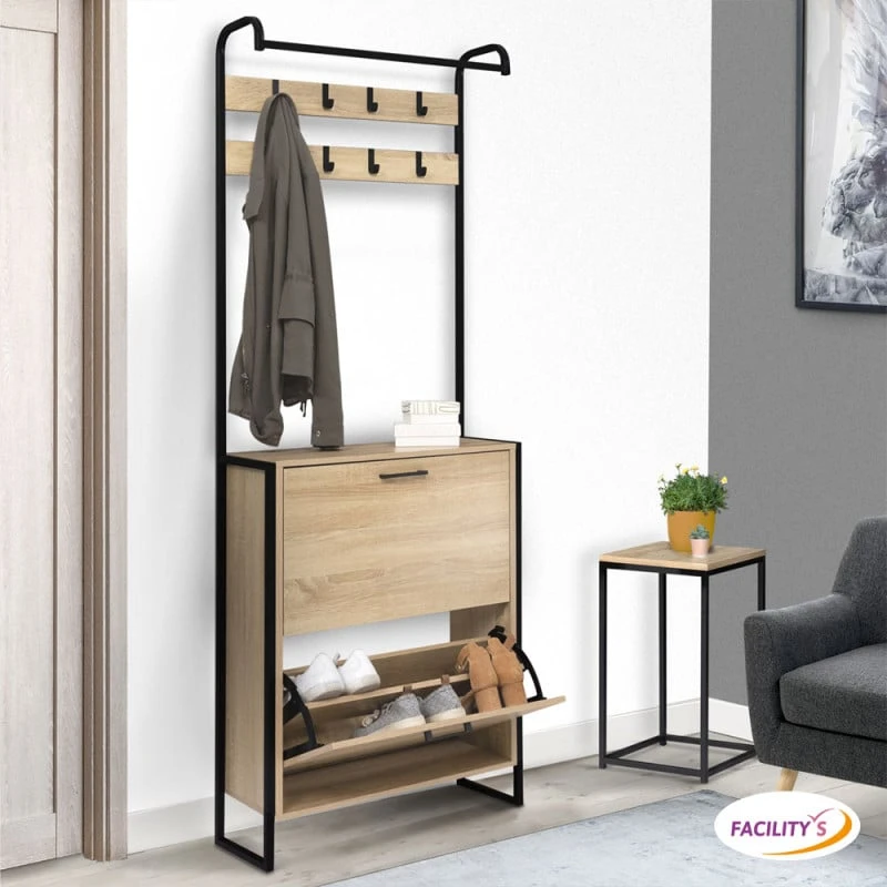 Vestiaire D'entrée Avec Porte Manteau Et Range Chaussures Effet Bois Et Métal 7 Vestiaire D'entrée Avec Porte Manteau Et Range Chaussures Effet Bois Et Métal - Image 7