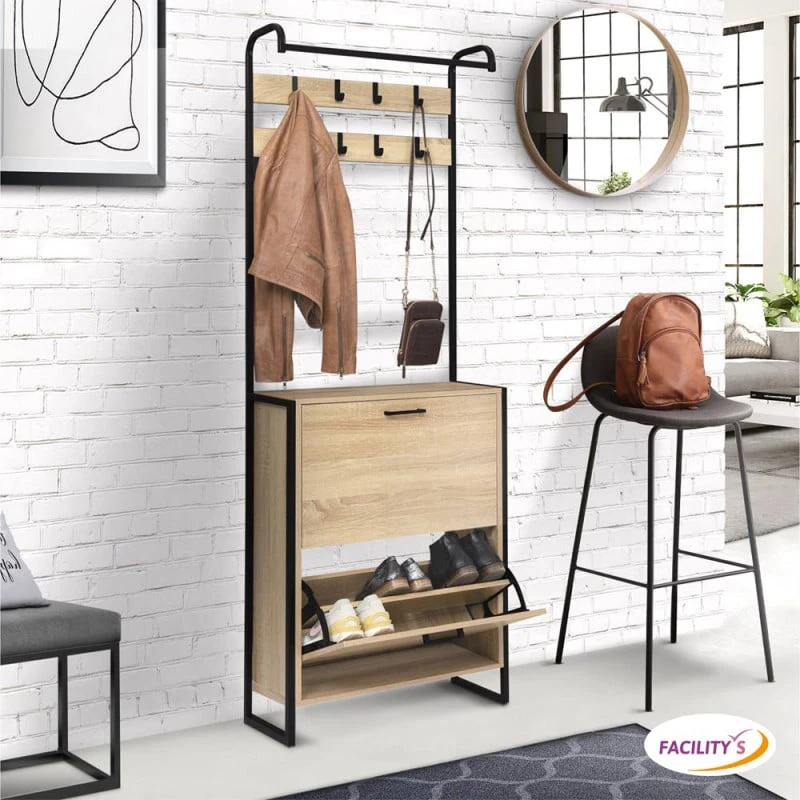 Vestiaire D'entrée Avec Porte Manteau Et Range Chaussures Effet Bois Et Métal 8 Vestiaire D'entrée Avec Porte Manteau Et Range Chaussures Effet Bois Et Métal - Image 8